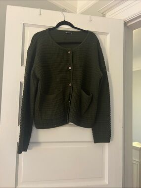 Olive Green Waffle Knit Button Cardigan Sweater